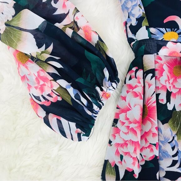 ELIZA‎ J Floral Long Sleeve Maxi Dress Chiffon Faux Wrap Navy Blue Pink Sz 8 New - Picture 7 of 11